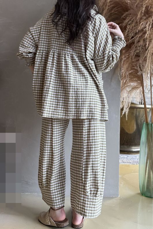 Annie Gingham Peter Pan Smock Blouse Olive